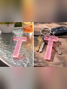 Pink Resin Letter T Keychain Handmade Epoxy Initial Charm Cute Gift